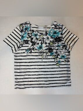 Alfred Dunner Spliced Floral Stripe Short Sleeve Blouse Horizontal Stripes M